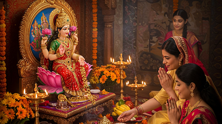 Psychic Gopala Krishna performing Lakshmi Puja with traditional offerings